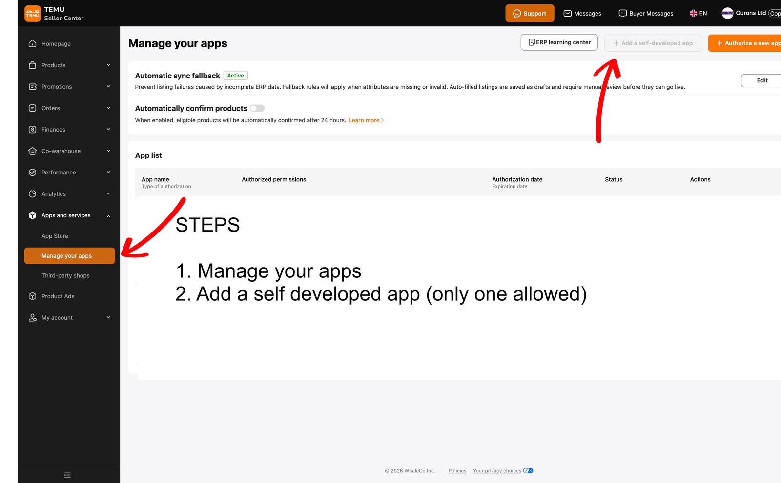 Temu Seller Central — Apps and services, Manage your apps, Add a self-developed app
