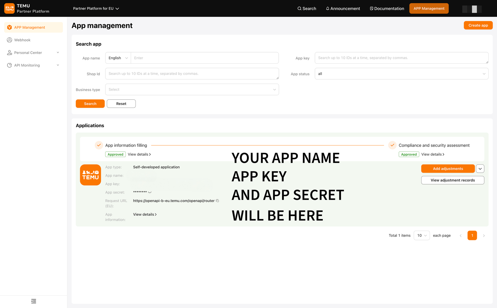 Temu Partner Platform — app key and app secret shown after approval