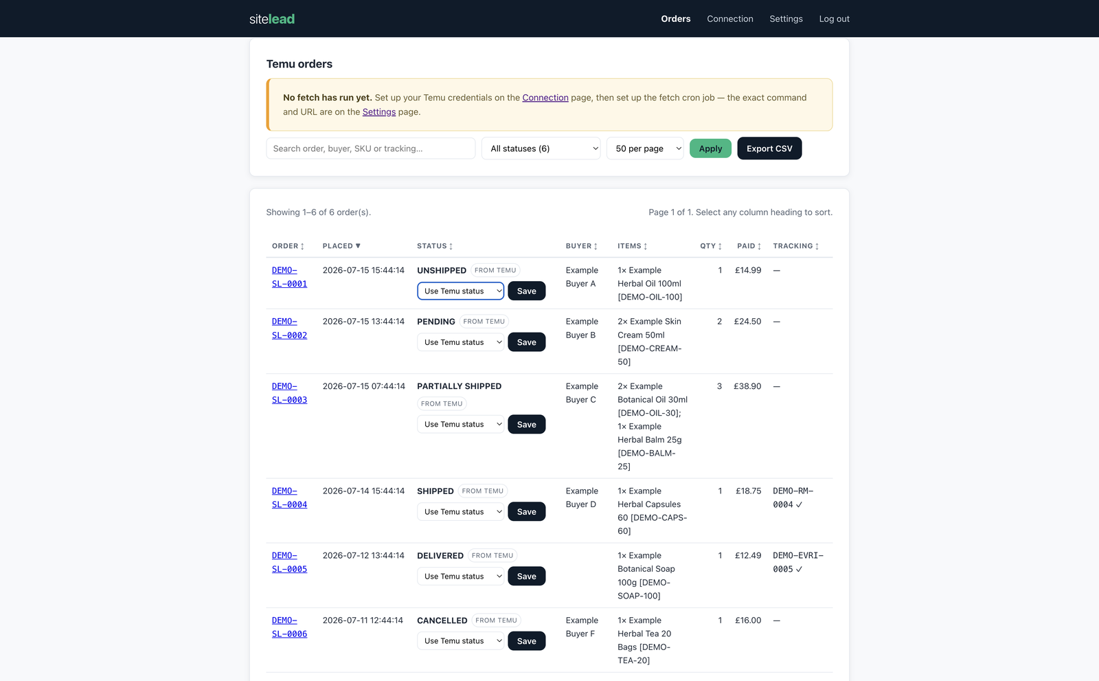 Temu Order Fetcher dashboard showing a searchable, sortable table of Temu orders — buyer, items, amounts, status and tracking, with CSV export